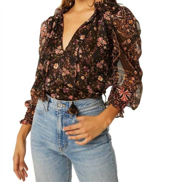 MISA Los Angeles Siena Split‑Tie Chiffon Blouse – Las Brisas Mix, Size XS NWT - Picture 1 of 5
